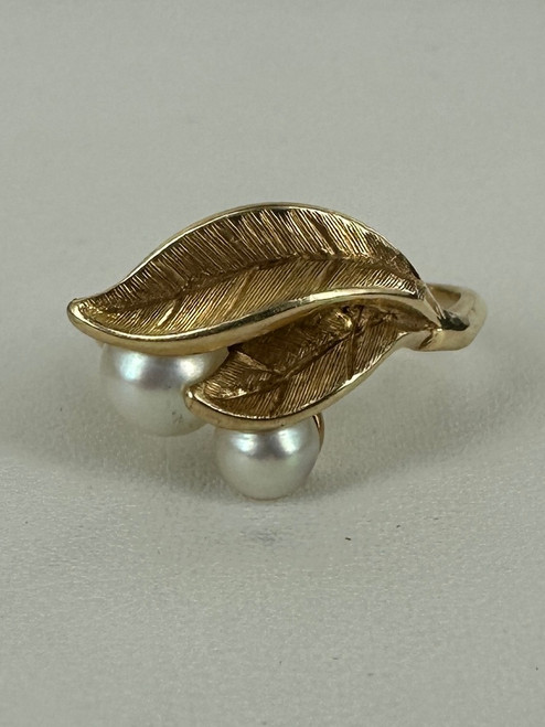 Vintage MCM 14k Gold Pearl Leaf Ring 6.25