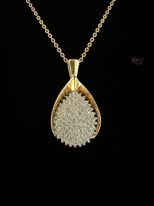 Vintage MCM 14k Gold Two Tone Diamond Pave Cluster Teardrop Pendant Necklace 17”
