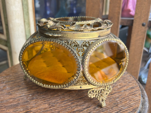 Antique French Ormolu Filigree Jewelry Casket Amber Glass Victorian Display Box