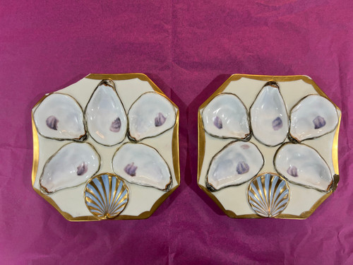 Antique Pair Continental Majolica Porcelain Oyster Plates Geometric Gilt Blue