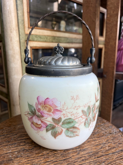 Antique Opalware Satin Glass Hand Painted Floral Biscuit Jar Silver Plate Lid