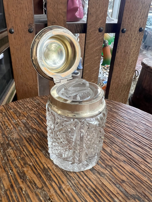 Antique Cut Crystal Perfume Jar with Hinged 925 Sterling Silver Lid