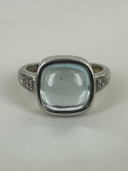 Vintage 14k White Gold Square Cabochon Light Blue Topaz Diamond Ring 6.25