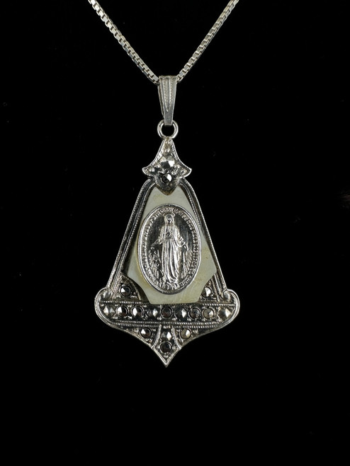 Vintage Sterling Theda St Mary Miraculous MOP Marcasite Pendant Necklace 18”
