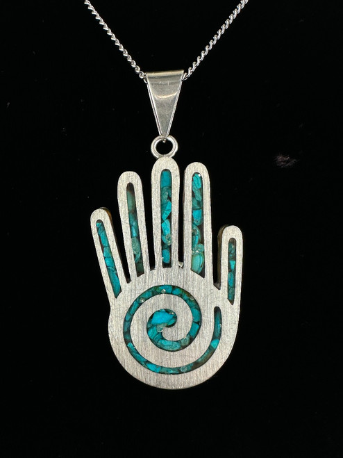 Vintage Sterling Taxco Mexico Turquoise Chip Healing Hand Pendant Necklace 24”