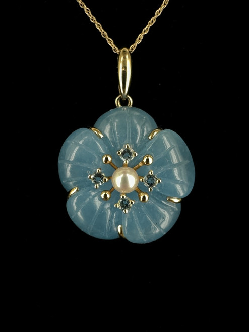 Vintage MCM 14k Gold Carved Blue Jadeite Topaz Pearl Flower Pendant Necklace 18”
