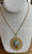 Vintage Micro Mosaic Filigree Floral Flowers Green Oval Pendant Necklace Gold 24