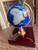 Vintage Gemstone Inlay World Globe Desk Ornament Brass Tone Wood Base
