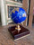 Vintage Gemstone Inlay World Globe Desk Ornament Brass Tone Wood Base