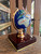 Vintage Gemstone Inlay World Globe Desk Ornament Brass Tone Wood Base