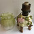 Antique Miniature Oil Lamp Baccarat Sitzendorf Porc & Vaseline Glass Floral 9.5"