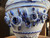 Antique German Porcelain Ram’s Head Urn Vase Blue & White Relief 5"