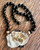 Vintage Black Onyx Bead  & Sea Shell Iridescent Gold Plated Pendant Necklace 19"