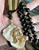 Vintage Black Onyx Bead  & Sea Shell Iridescent Gold Plated Pendant Necklace 19"