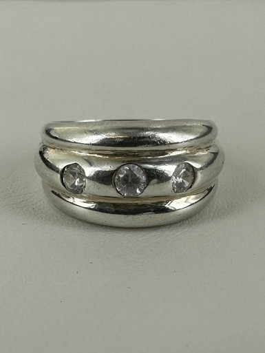 Vintage Sterling Silver Wide Band Cubic Zirconia Trilogy Ring Sz 5.5 ...