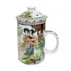 Porcelain Chinese Tea Mug with Infuser and Lid - Ladies + Cranes Pattern