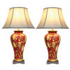 Pair of Chinese Jar Table Lamps with Pale Shades - Red Jasmine Blossom
