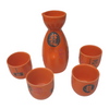 Sake Set with Orange Chinese Motif Pattern - Ceramic Flask and Cups - Boxed
