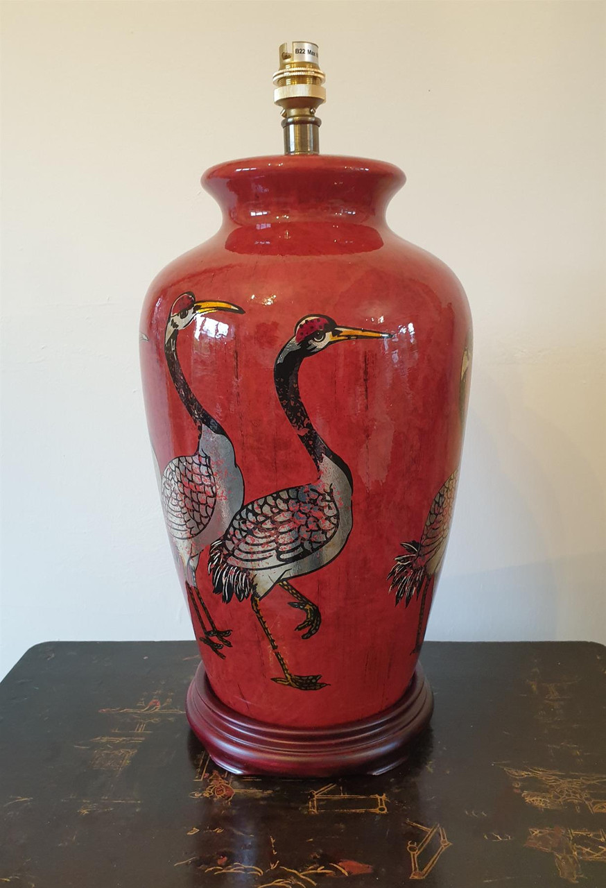 Pair of Chinese Table Lamps with Shades - Red + Golden Cranes Pattern