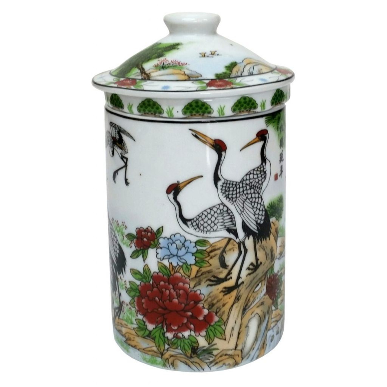 Porcelain Chinese Tea Mug with Infuser and Lid - Dancing Cranes Pattern
