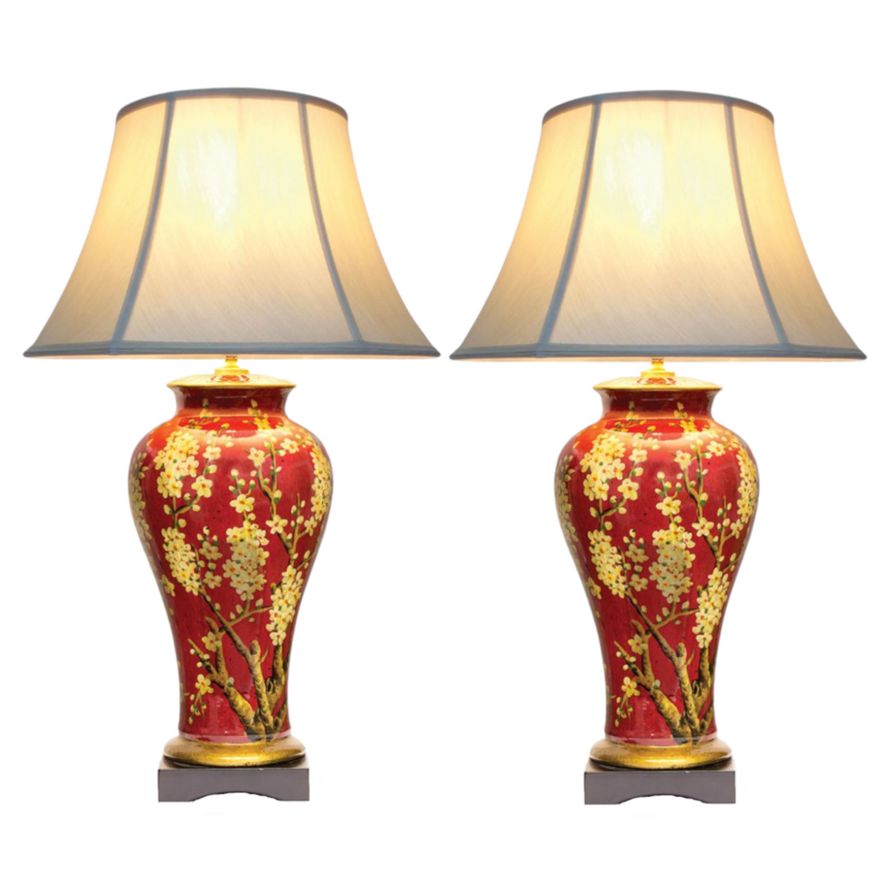 Pair of Chinese Jar Table Lamps with Pale Shades - Red Jasmine Blossom