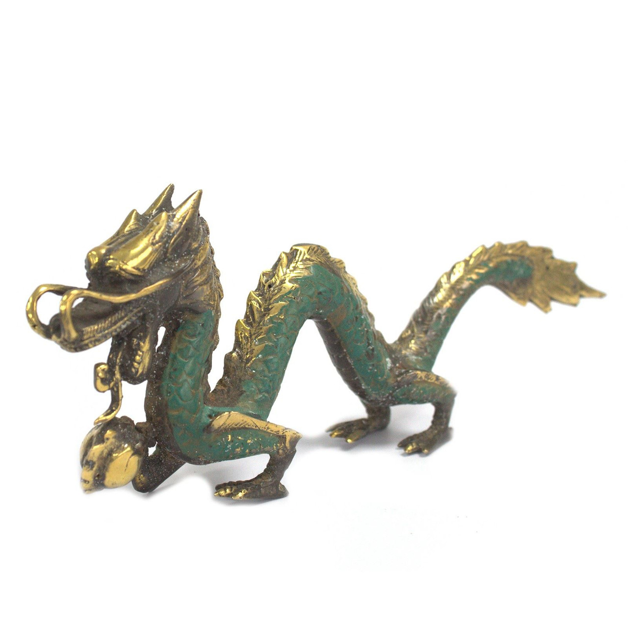 Vintage Style Brass Dragon With Ball - Small Size 20cm - Feng Shui 