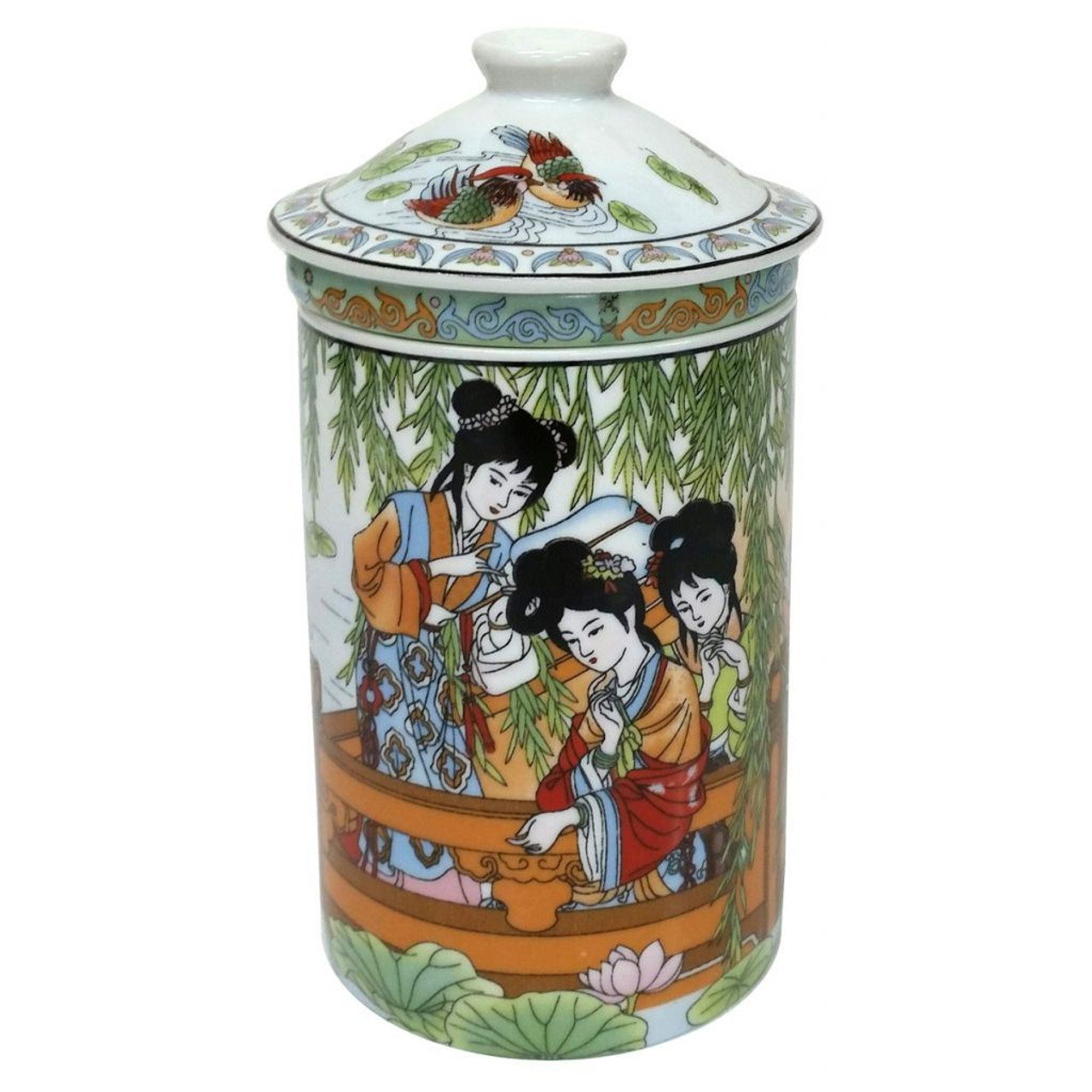 Porcelain Chinese Tea Mug with Infuser and Lid - Ladies in Garden Pattern