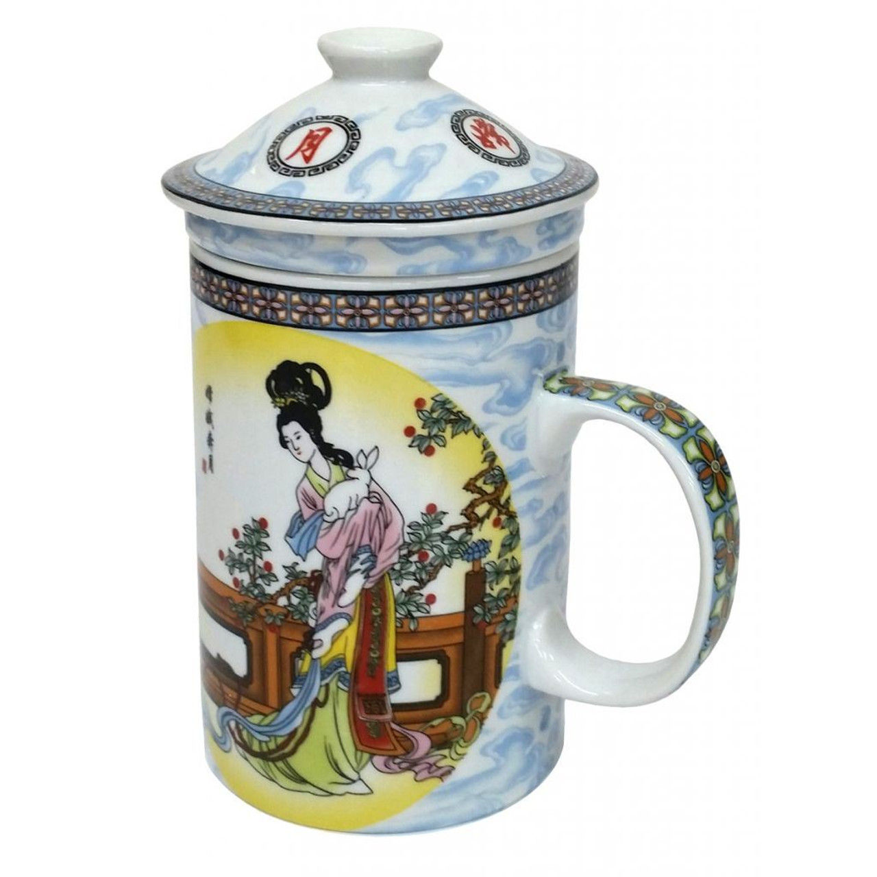 Porcelain Chinese Tea Mug with Infuser and Lid - Chang He Pattern