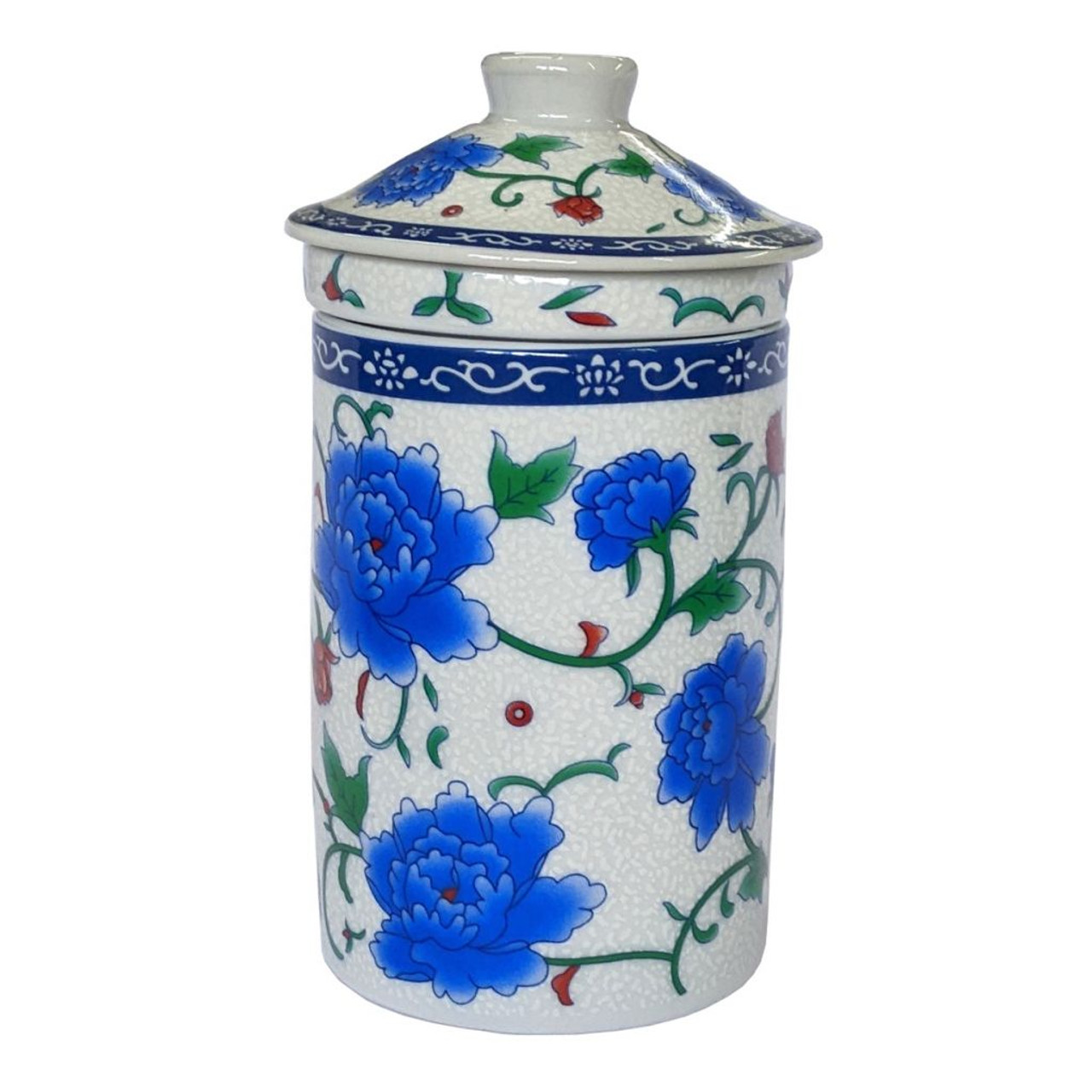 Porcelain Chinese Tea Mug with Infuser and Lid - Blue Peony Pattern