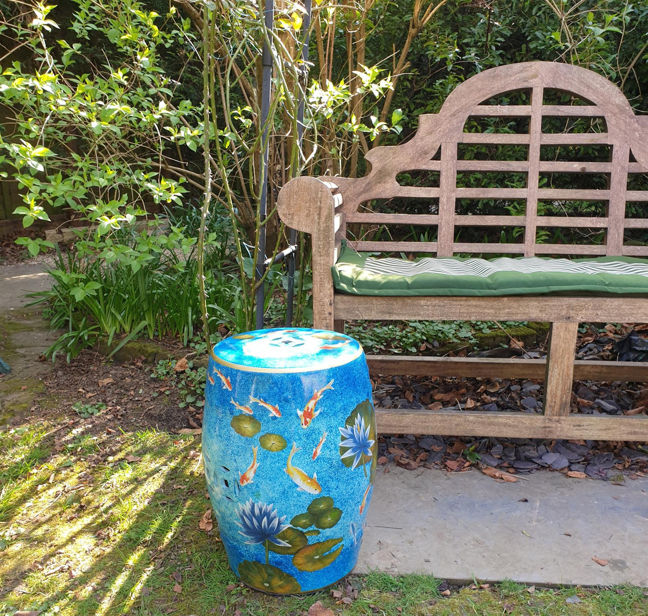 Chinese Ceramic Garden Stool / Plant Stand - Koi Carp and Waterlilies Pattern