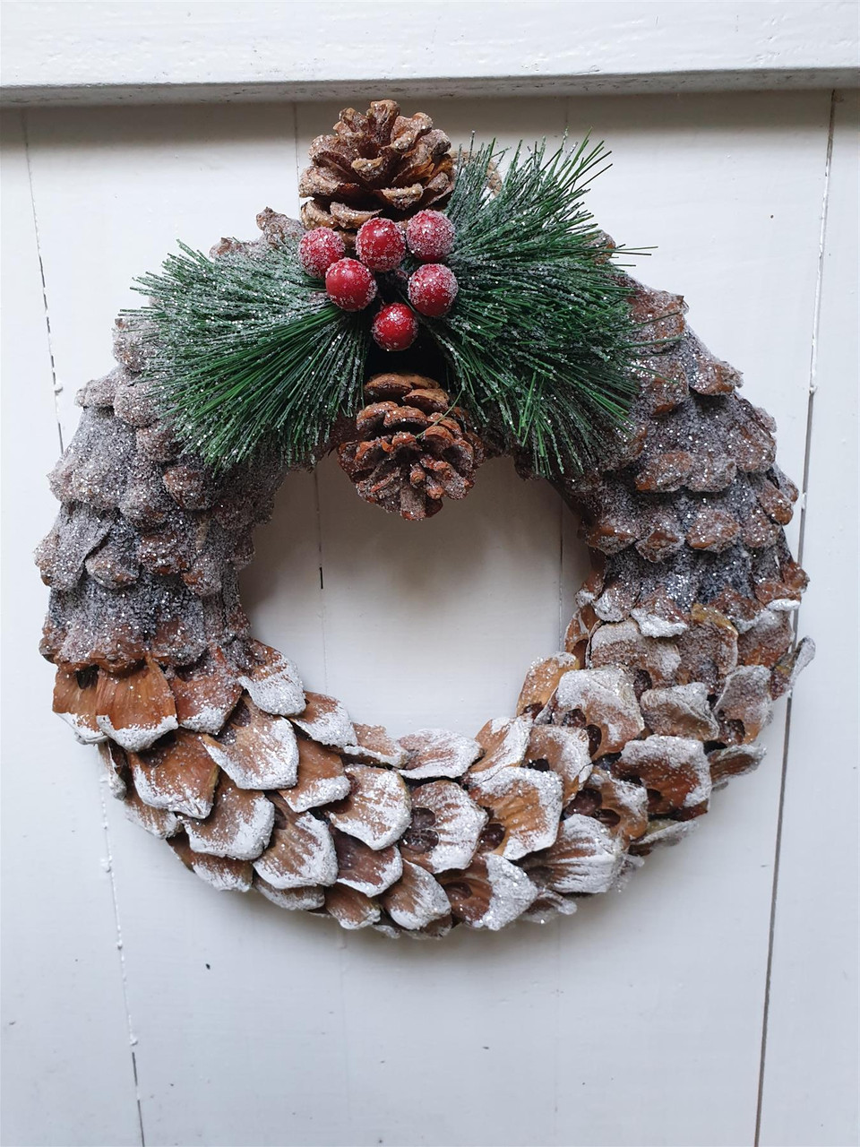 Whitewashed Pine Cone Wreath - Glitter - 27cm - Christmas Decoration