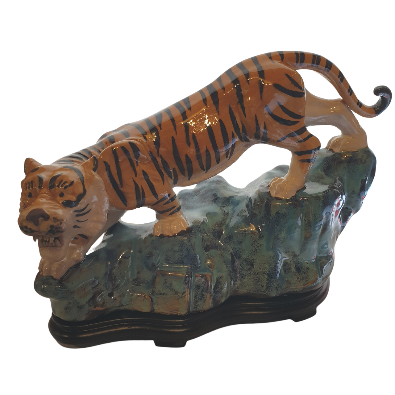 Chinese Shiwan Figurine - Prowling Tiger - Wooden Stand - 31cm