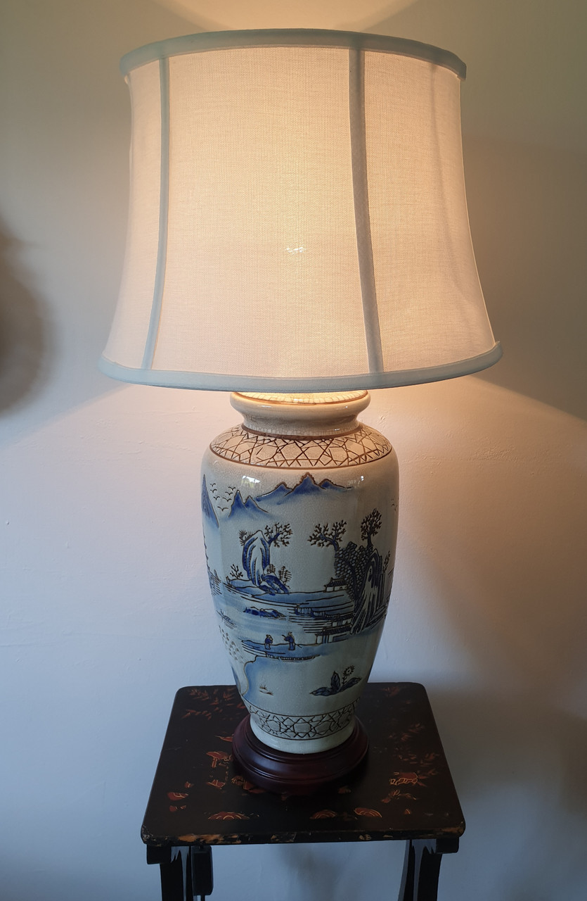 Pair of Chinese Ceramic Vase Lamps with Shades - Ancient Landscape - 69cm (DS)