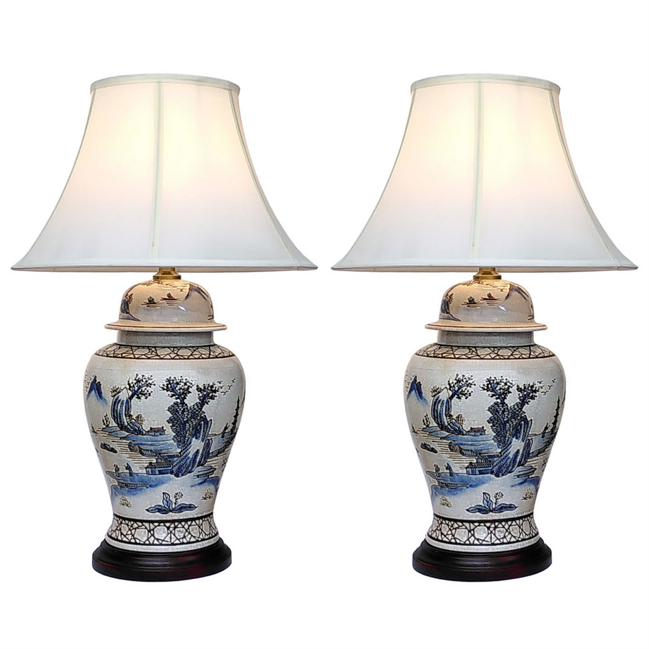 Pair of Chinese Ceramic Jar Lamps with Shades - Ancient Landscape - 64cm
