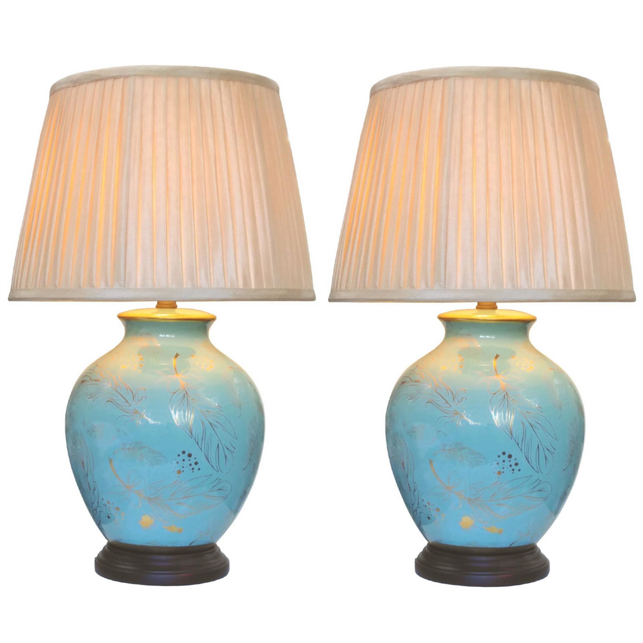 Pair of Chinese Ceramic Round Lamps with Shades - Turquoise Feather- 56cm