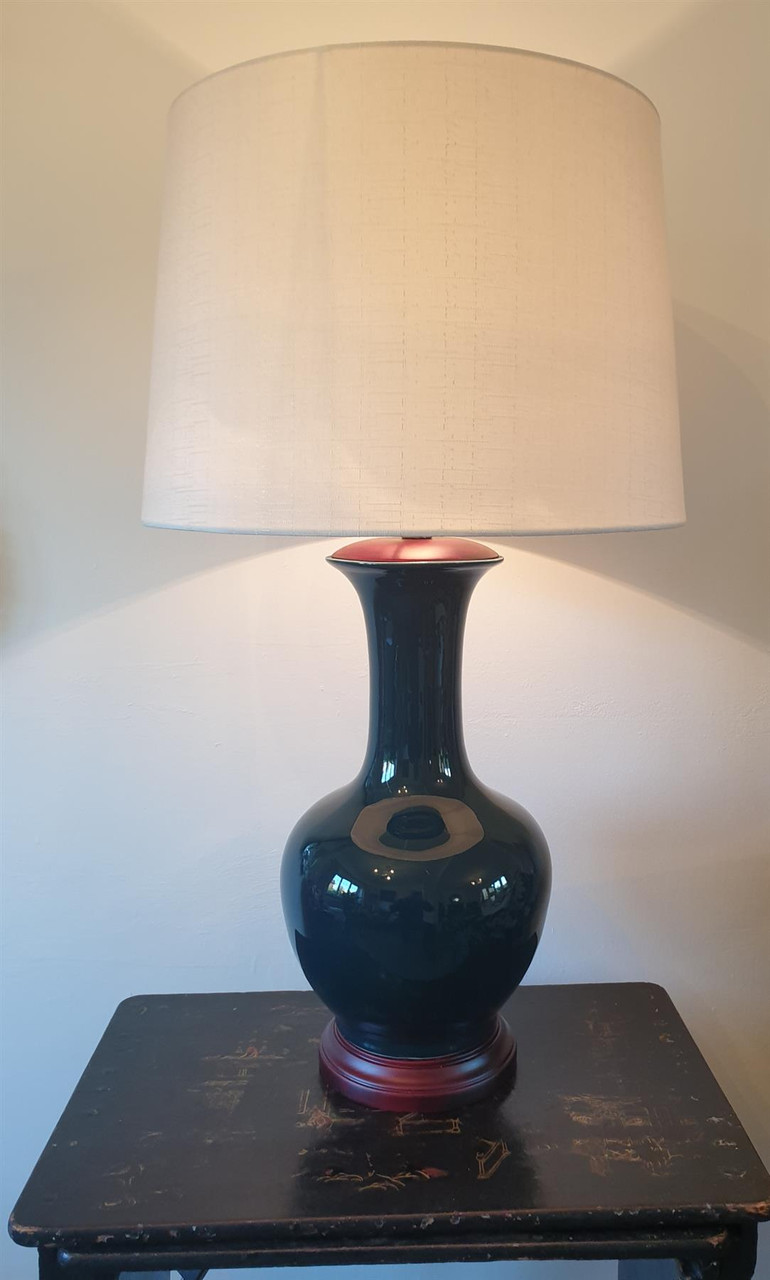 Pair of Chinese Ceramic Bottle Lamps with Shades - Teal Glaze - 72cm
