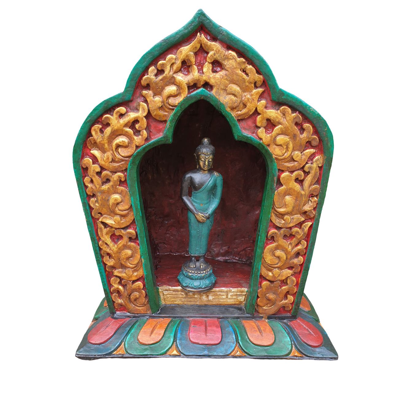 Nepalese Carved Wooden Shrine - Vintage Style - Hand Painted - 33cm