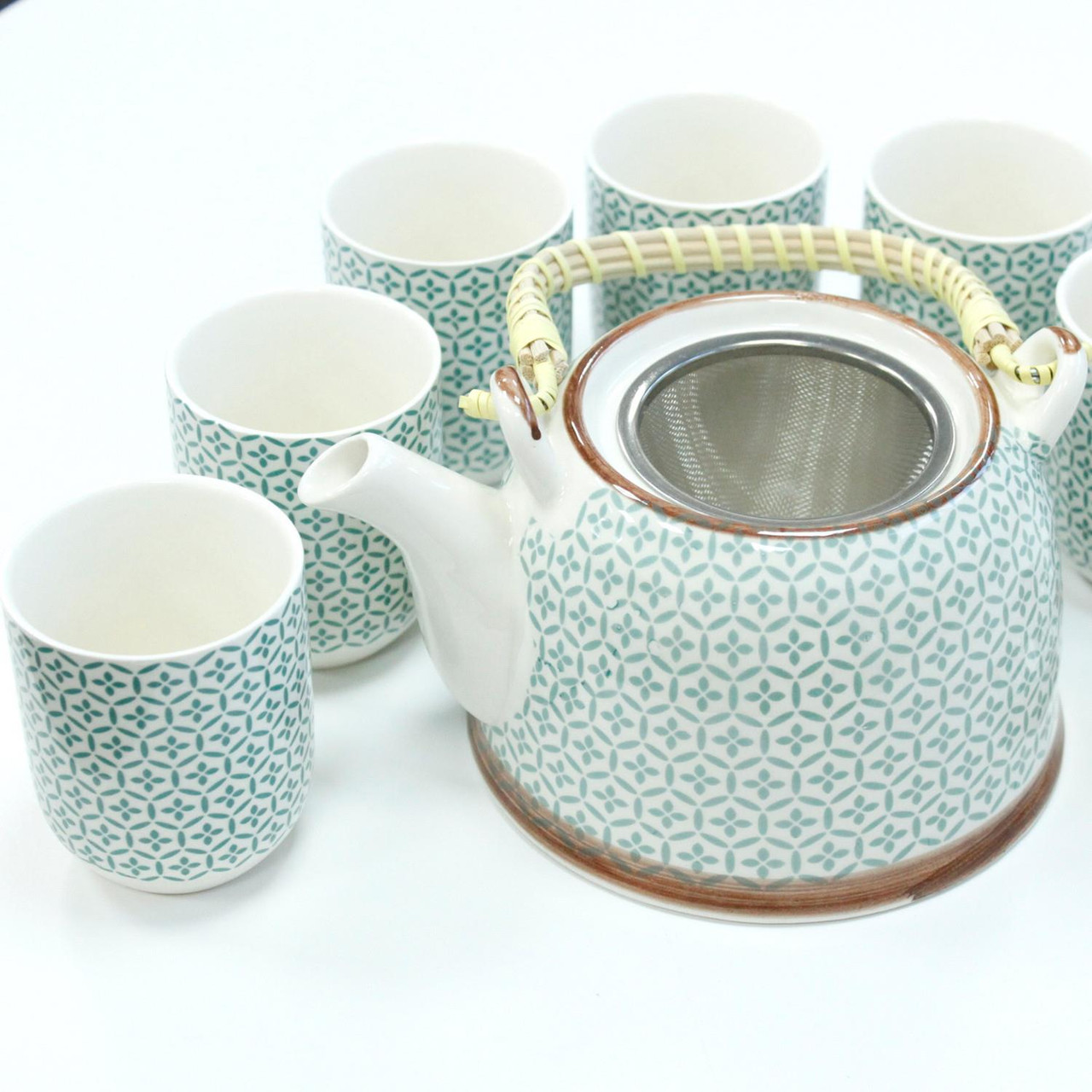 Chinese Herbal Tea Set - Green Mosaic Pattern - 6 Cups and Infuser - Boxed