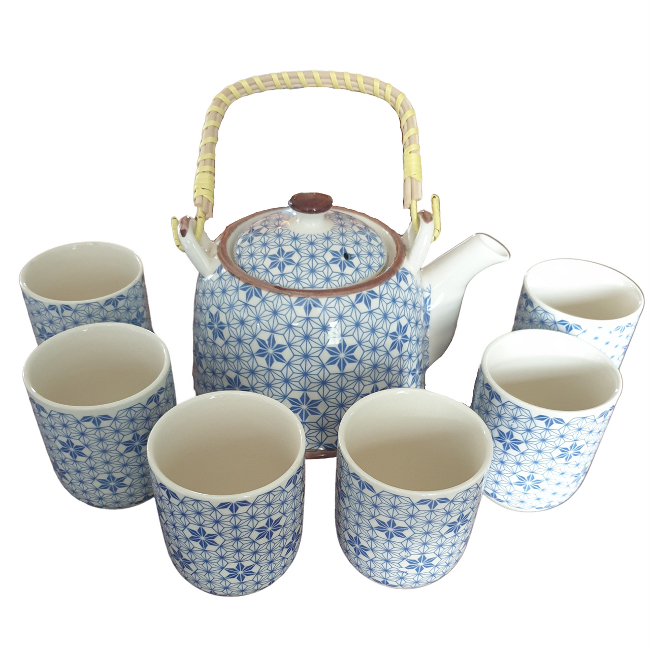Chinese Herbal Tea Set - Blue Star Pattern - 6 Cups and Infuser - Boxed