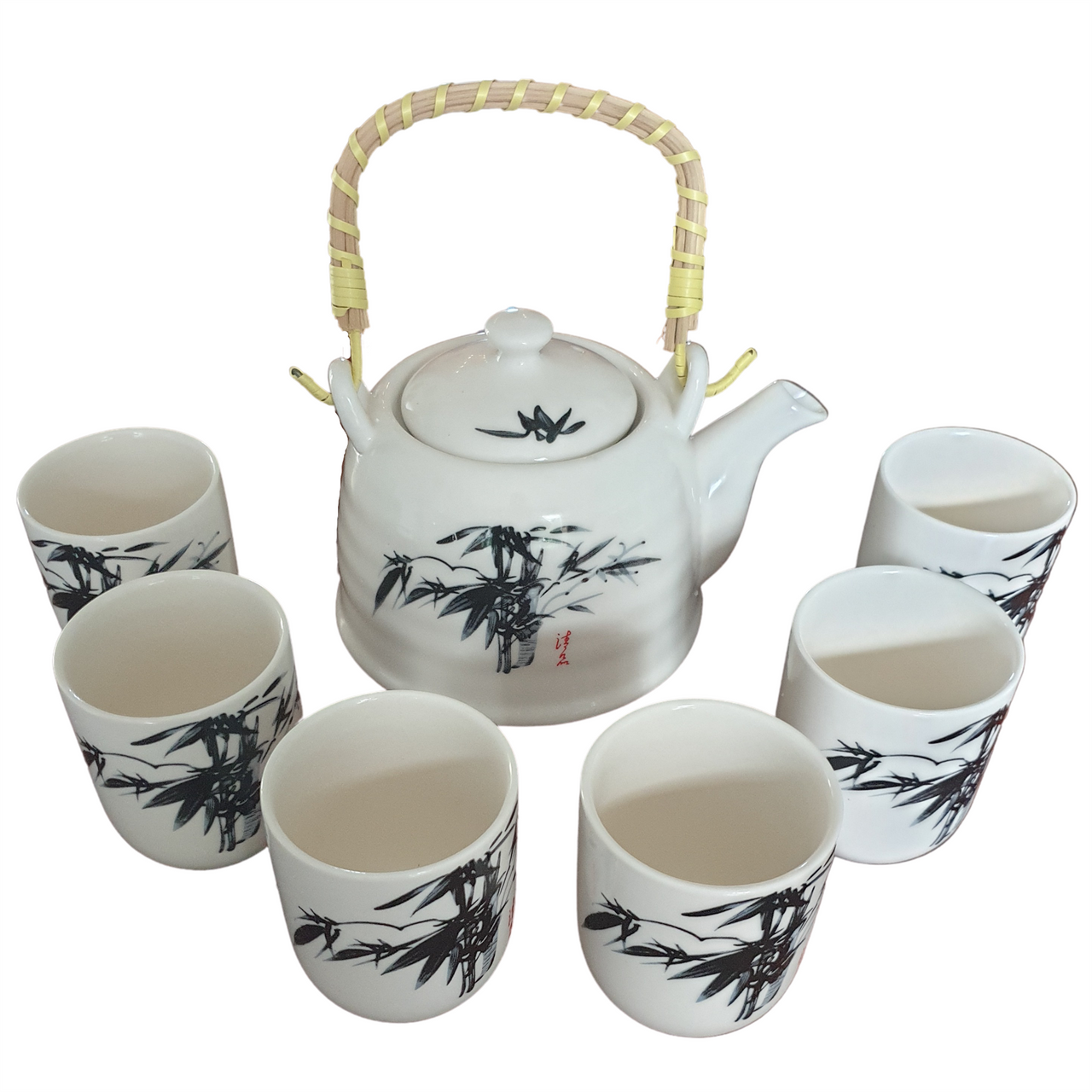 Chinese Ceramic Tea Set - Oriental Pattern - 6 Cups and Infuser - Boxed