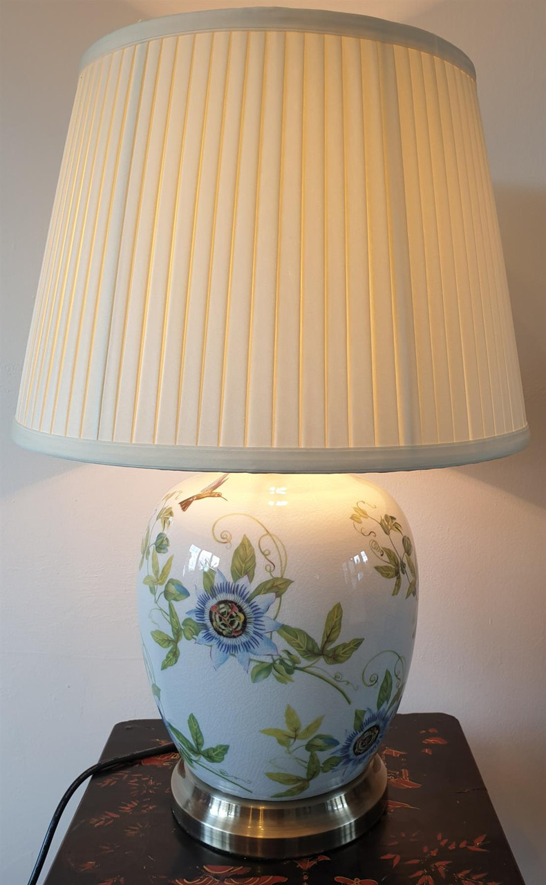 Pair of Chinese Table Lamps - White Passion Flower with Shades - 52cm (DS)