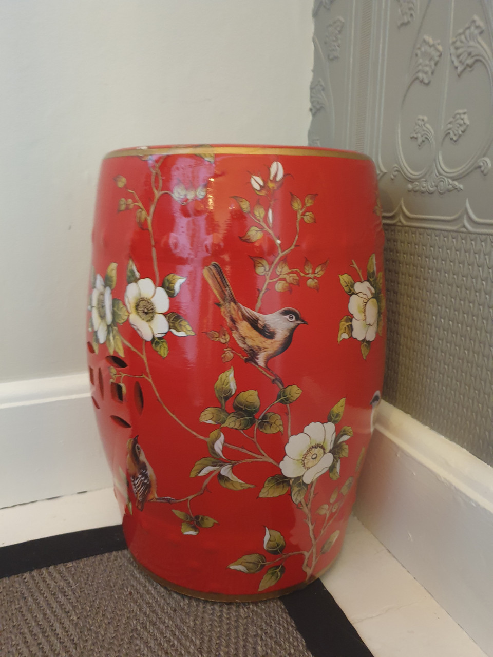 Chinese Garden Ceramic Stool / Plant Stand - Chaffinches and Flowers Pattern