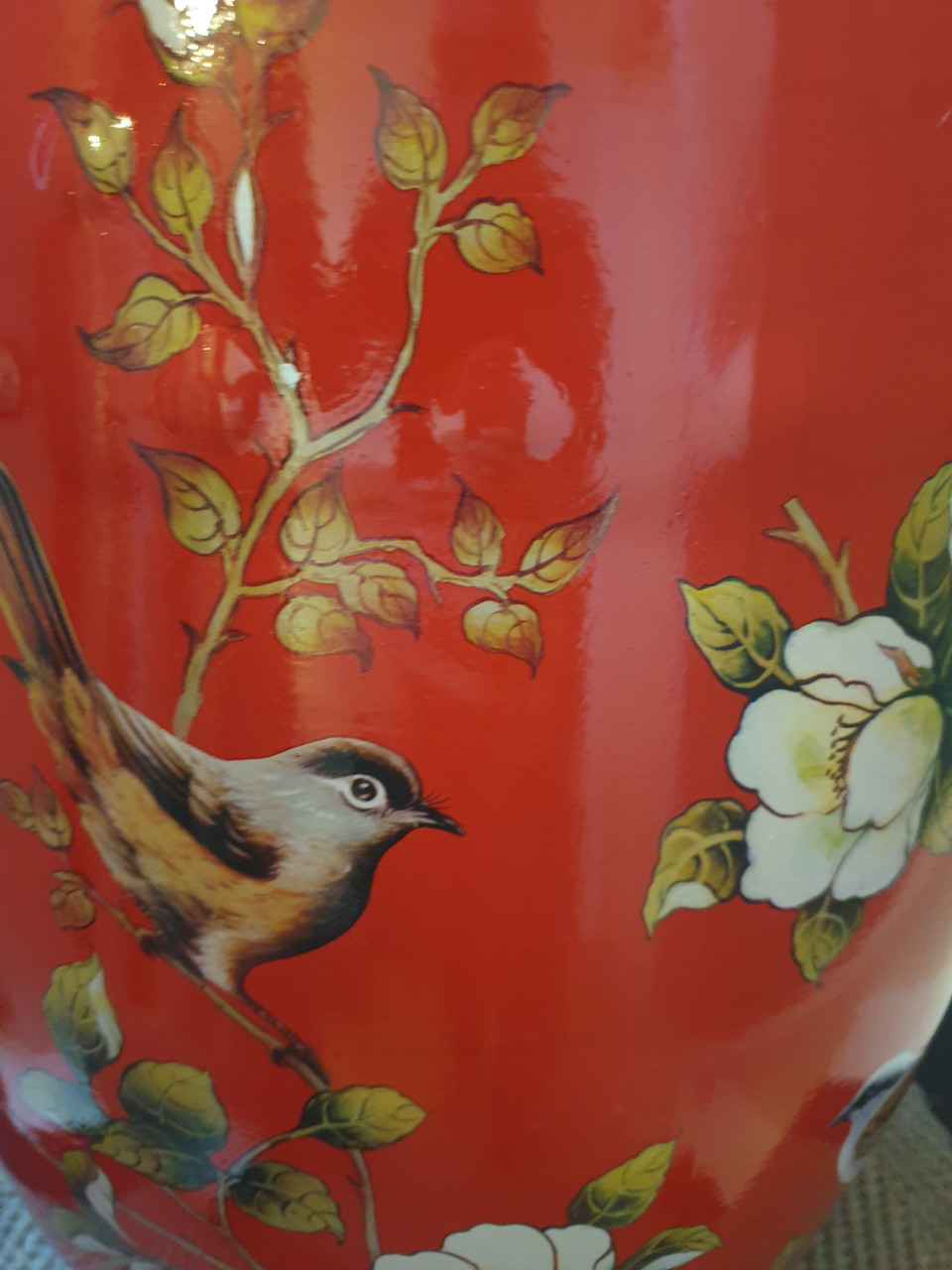 Chinese Garden Ceramic Stool / Plant Stand - Chaffinches and Flowers Pattern