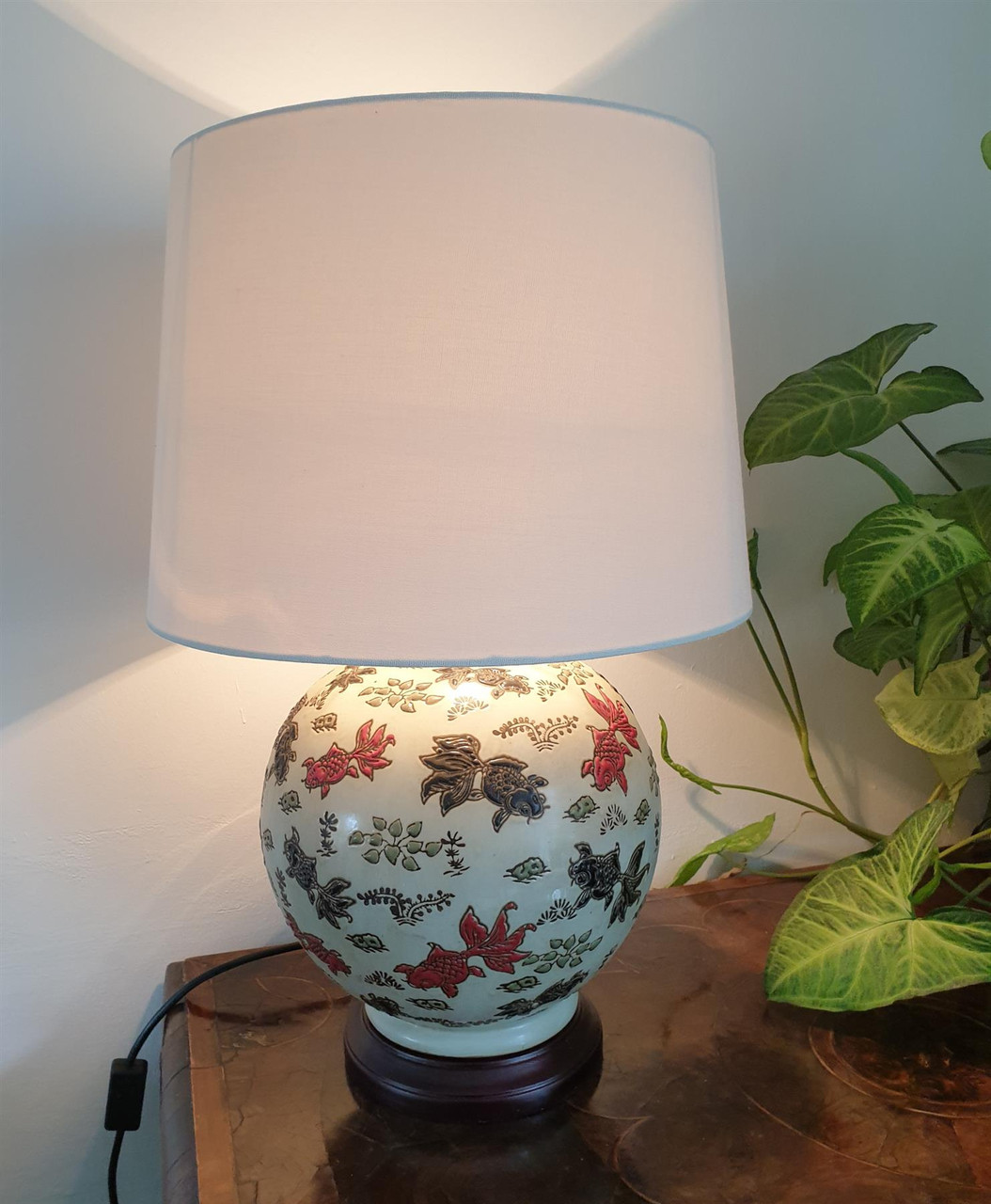 Pair of Chinese Round Bottle Lamps with Shades - Goldfish Pattern - 55cm