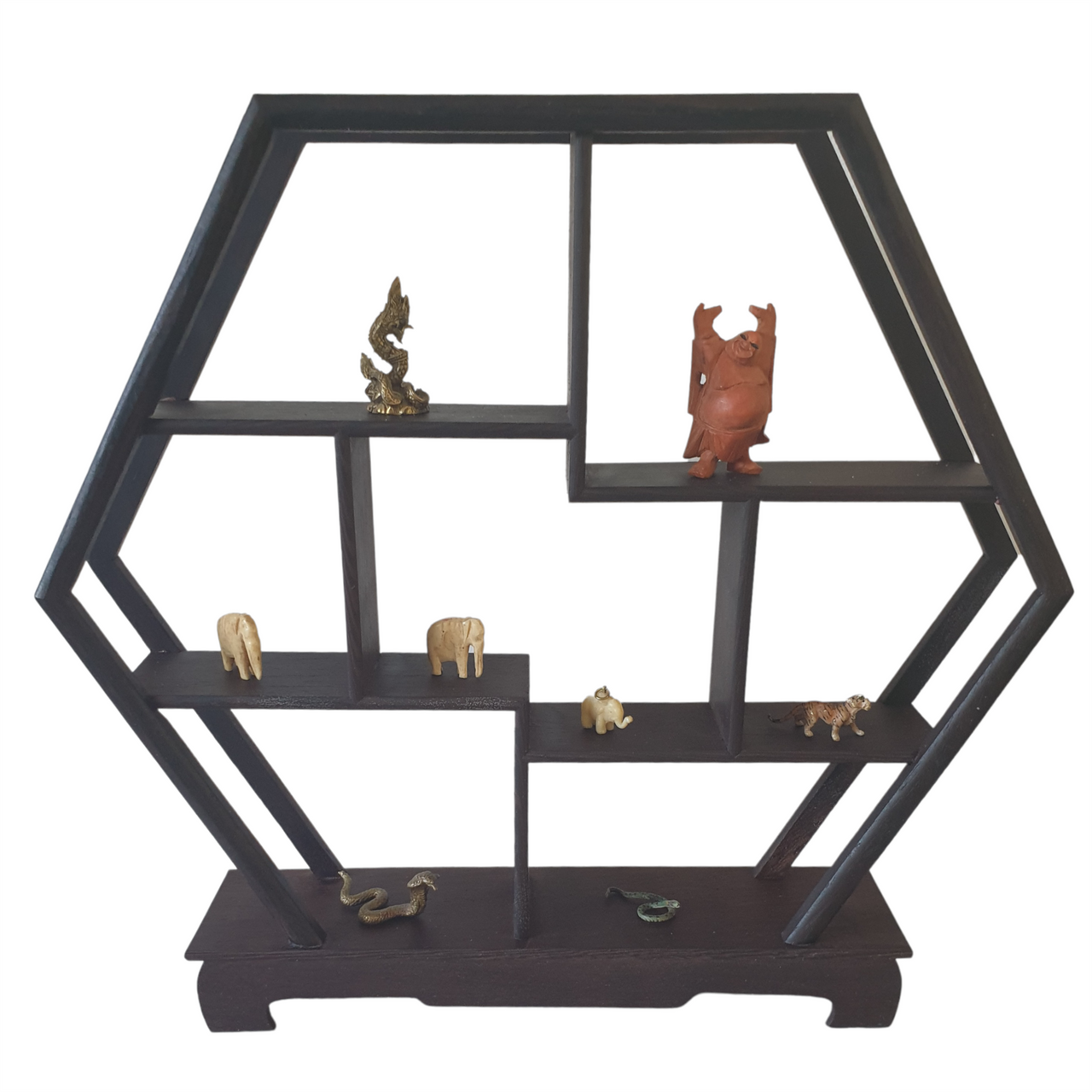 Wooden Curio or Netsuke Display Stand - Dark Grained Wood - Hexagon Shape - 31cm