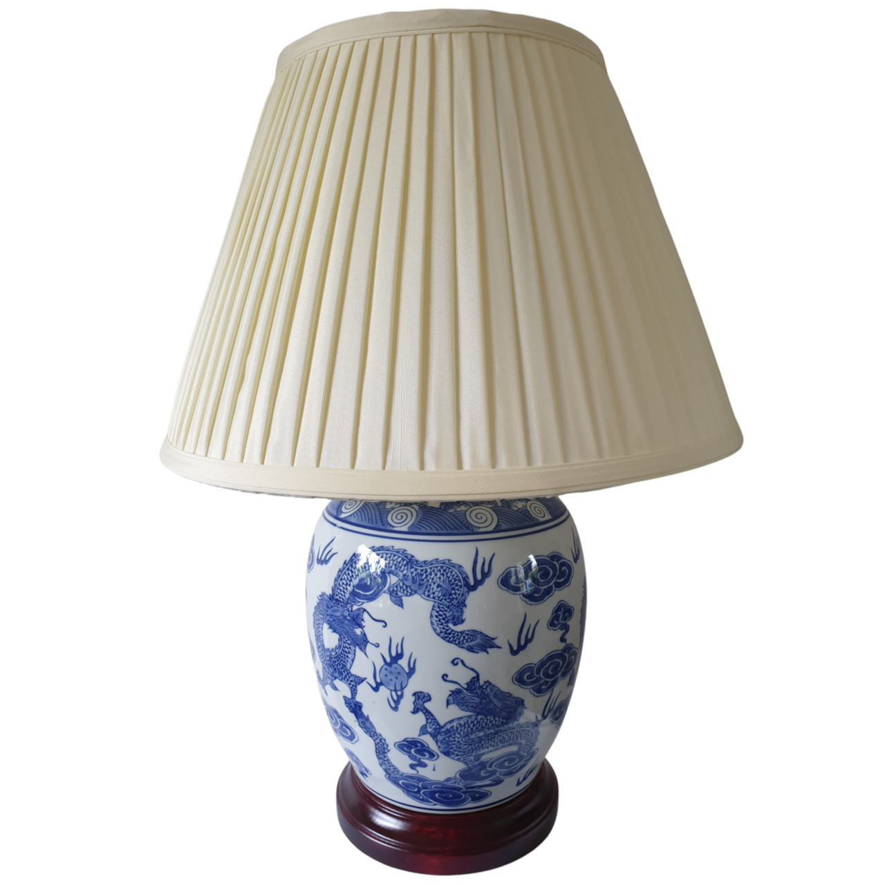 Pair of Chinese Jar Table Lamps with Shades - Blue Dragon Pattern 54cm