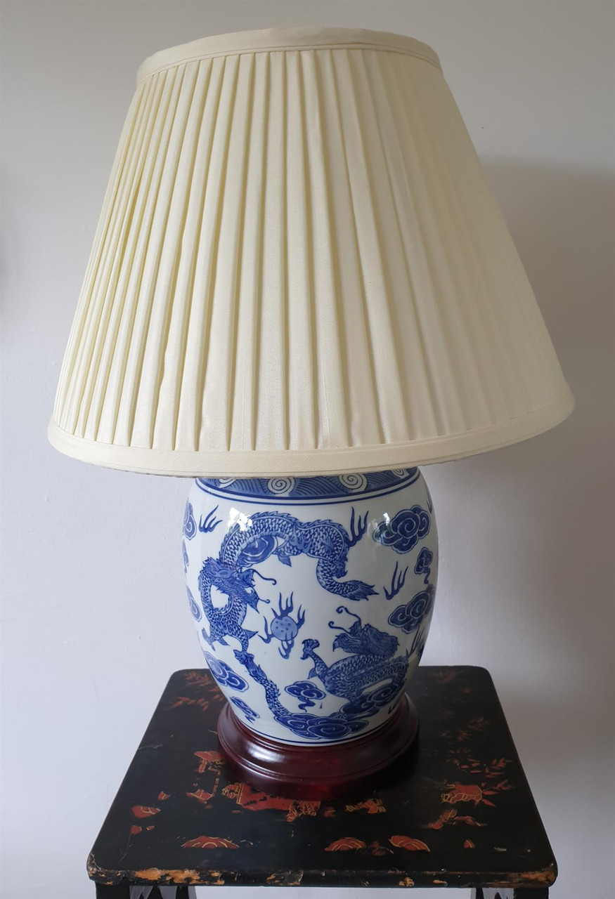 Pair of Chinese Jar Table Lamps with Shades - Blue Dragon Pattern 54cm