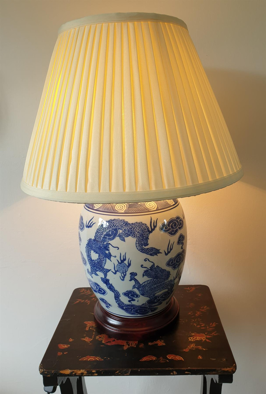 Pair of Chinese Jar Table Lamps with Shades - Blue Dragon Pattern 54cm