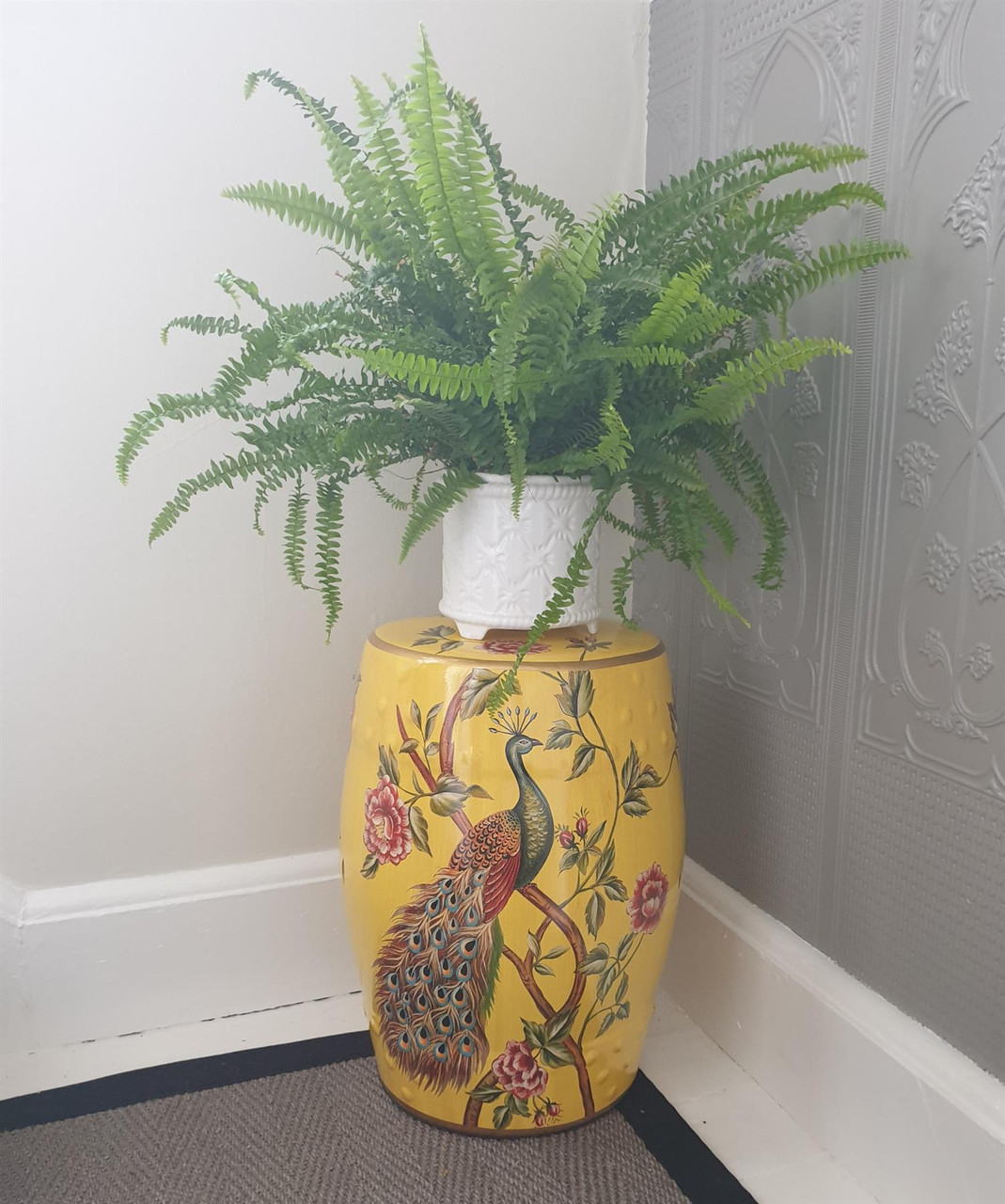 Chinese Ceramic Garden Stool / Plant Stand - Peacocks and Peonies Pattern