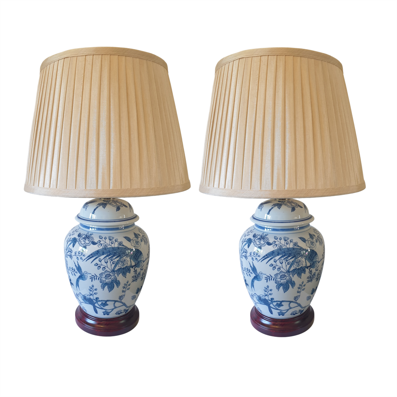 Pair of Chinese General Jar Table Lamps with Shades - Blue Tropical Birds - 55cm